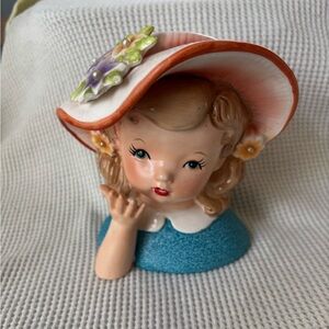 Vintage Nippon Little Girl w Floppy Hat & Flowers Head Vase Japan 1950s Boeki